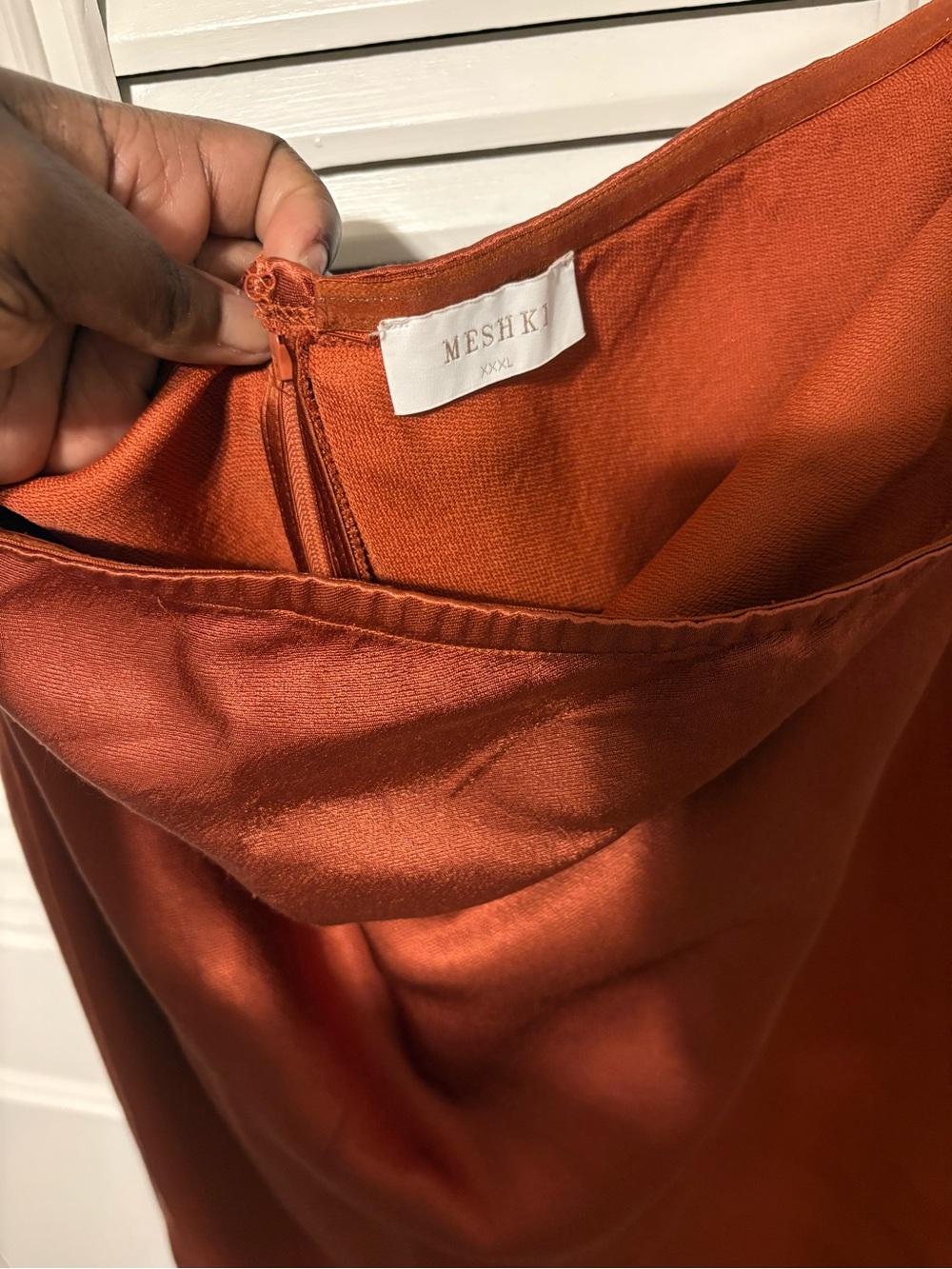 Meshki Strapless Satin Gown in Burnt Orange - Picture 3 of 4